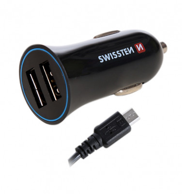 Swissten Премиум Автомобильная зарядка 12 / 24V / 1A+ 2.1A + кабель Micro USB 150 cm Черная Периферия