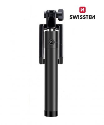 Swissten Wired Selfie Stick 81cm ar iebūvētu pogu statīvā Melns Perifērija